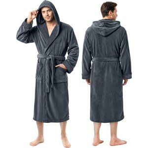 Mens Robe with Hood Luxury Plush Fleece Hooded Bathrobe Spa Bath Robe for Men